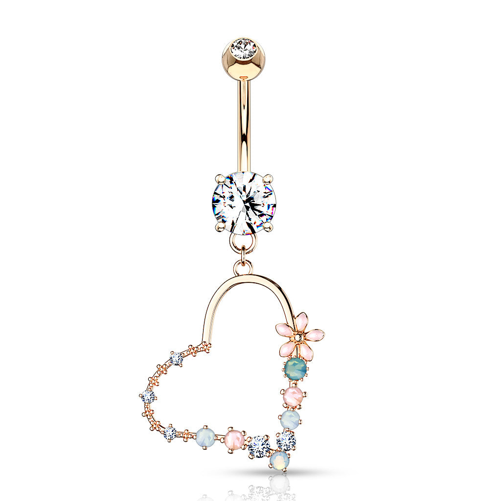 Double Jeweled Prong Set with Enamel Flowers and Opalite Stone Set Heart Dangle Surgical Steel Navel Rings